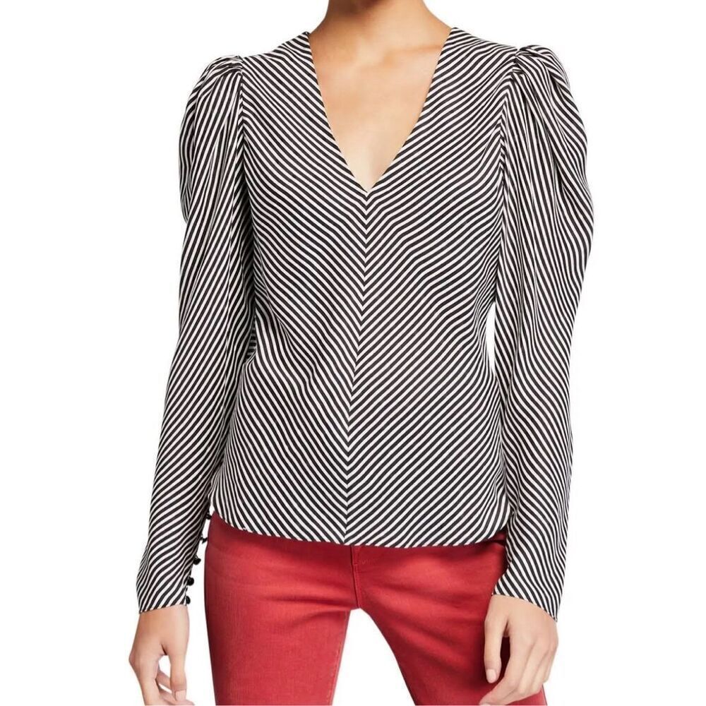 Frame Black White Striped Silk Shirred Puffed Sleeve V-Neck Top Blouse Size XS